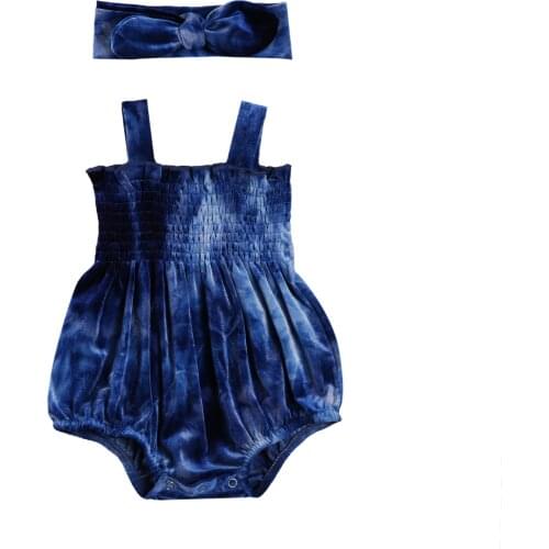 Infant Newborn Baby Girls 2 Pcs Tie Dye Blue Jumpsuit, Toddler Girl Square Neck Sling Romper and Hairband Summer