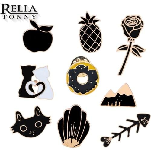 Creative Black Rose Brooch Cartoon Apple Pineapple Cat Fish Bone Enamel Pins Women Men Hat Lapel Badge Collection Jewelry Gifts