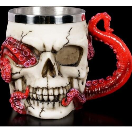 Skull Mug Gothic Devoured Octopus Skull Tankard Stainless Steel Inner Hand-painted Beer giant Mugs Cup Halloween Ghost Mug Gift