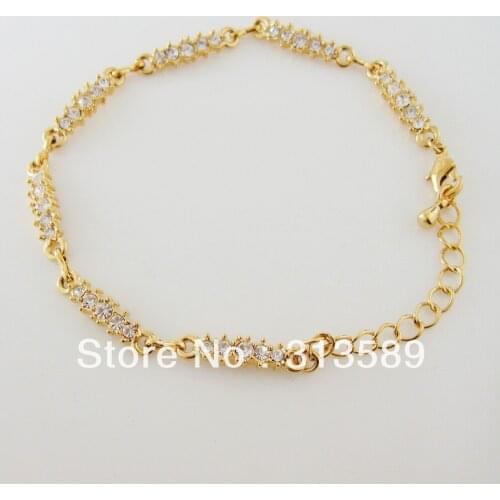 LADY 6.5"+1.8" YELLOW GOLD GP FILLED BRASS LOTS CZ STONE THIN LINK BRACELET /GREAT GIFT