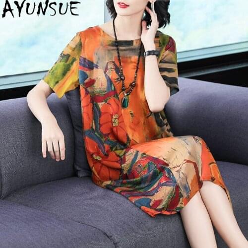 AYUNSUE 2021 Summer Silk Dress Female Vintage Ladies Dresses for Women Casual Beach Floral Woman Dress Vestido De Mulher KJ6623
