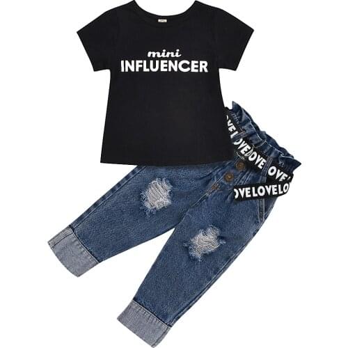 2021 Summer Toddler Kids Baby Girl Clothes Sets Letter Tops Short Sleeve T-Shirt Denim Pants Jeans Outfits Clothes