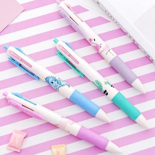 Cartoon Gel Pens Flamingo Unicorn Cactus Cute Stationery 4 Colors In 1 Retractable Ballpoint Pen for Painting