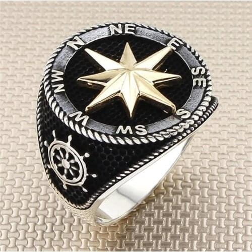 Compass Rudder Round Silver Ring Men Silver Ring Made In Turkey Solid 925 Sterling Silver
