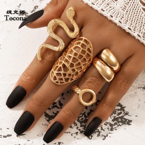 Tocona 4pcs/sets Punk Snake Gold Ring Sets for Women Hollow Out Geometric Alloy Metal Party Jewelry Accessories кольца 19665
