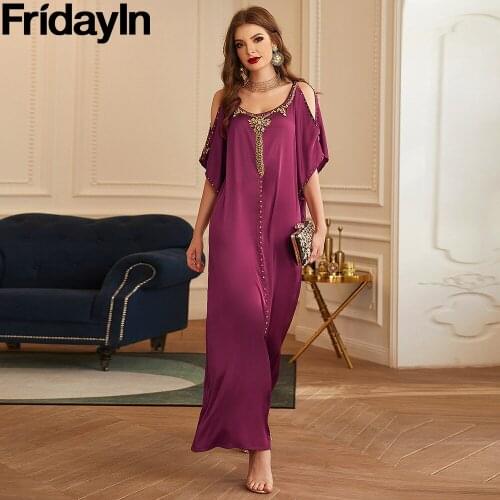 FridayIn 2021 New Womens Muslim Clothes Inlaid Zircon Rose Red Off-shoulder Hand-stitched Middle Eastern Party Festival Dresses