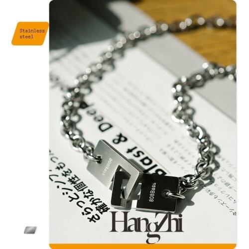 HANGZHI Trendy Japanese Square Buckle Pendant Hip Hop Titanium Steel Necklace Simple English Letter Necklace for Men and Women