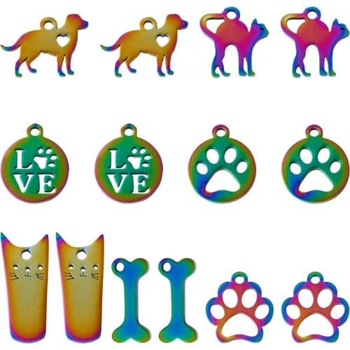 14pcs/set 201 Stainless Steel Pet Charm Pendants Multicolor for jewelry making DIY Bracelet Necklace Decor Accessories