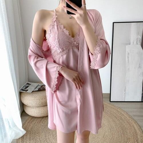 Pink Faux Silk 2PCS Robe Suit Sweet Lace Trim Bathrobe Gown Sexy V-Neck Night Dress Temptation Nightgown 2021 Spring Sleepwear