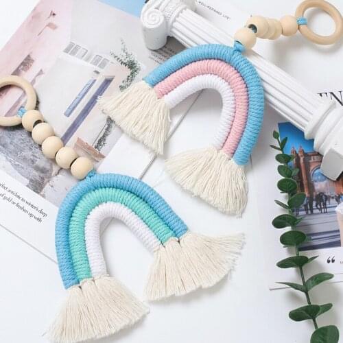Handmade Woven Macrame Rainbow Wall Hanging Decorative Stroller Hanging Pendants Toys Baby Room Home Decor Party Gift