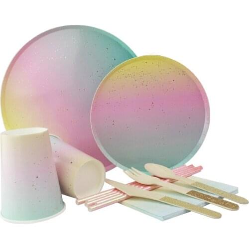 Rainbow Color Paper Plates Cups Napkins Straws Disposable Tableware Set Ins Hot Home Decor Party Supplies