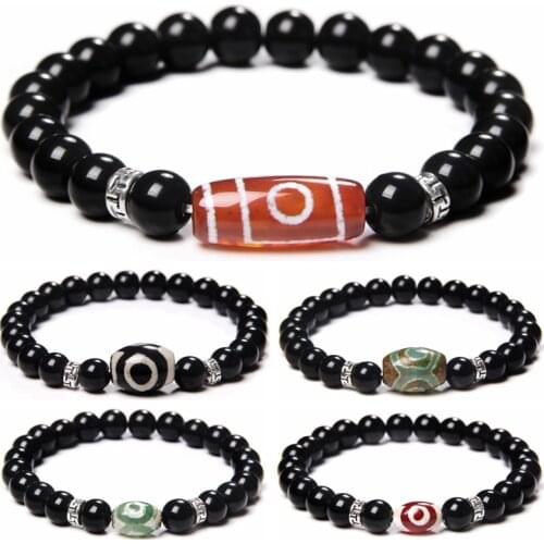 Tibetan Women Men Energy Green orange Three-eyed Natural Tibetan Dzi Agates Bracelets Buddha Healing Black Stone Wealth Bracelet