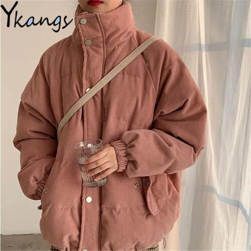 Corduroy Button Zipper Thicken Stitching Bread Coat Pink Stand Collar Quilted Cotton Jackets Winter Warm Pockets Out Wear Tops