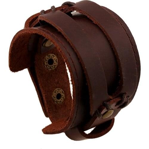 Brown Color Vintage Casual Adjustable Cuff Bracelet Handmade Genuine Leather Jewelry Wide Hyperbole Bangle Retro Male Wristband
