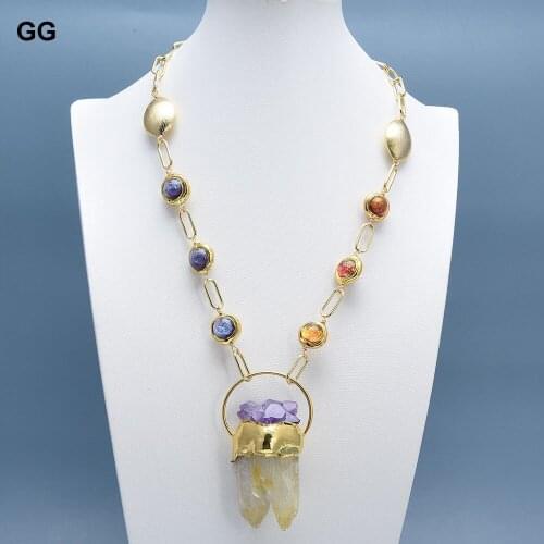 GuaiGuai Jewelry Natural Purple Orange Moss Glass Gold Plated Oval Beads Chain Necklace Amethyst Citrine Point Raw Pendant
