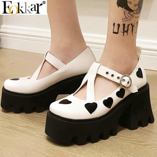 Eokkar 2021 Gothic Shoes Pumps T Strap T Strap Mary Jane Shoes Goth Punk Platform Block Heel Pumps Heart Black Pumps for Women