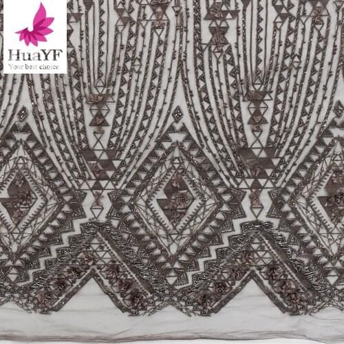 2021 Brown 3D Flowers HandMade Beaded Mesh Lace With Sequins Mesh Fabrics For Party Dress HY1307-7