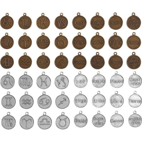 48Pcs Flat Round Twelve Constellation Alloy Pendants Charms for DIY Earrings Necklace Jewelry Making