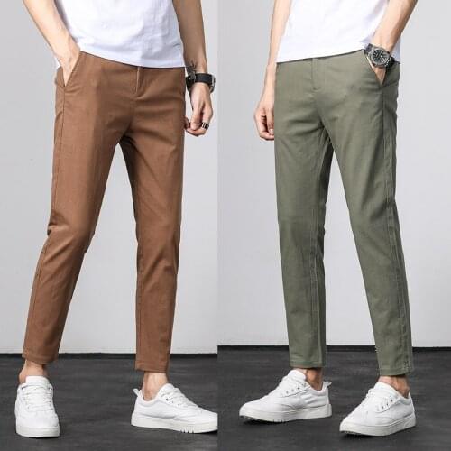 Casual pants mens elastic waist soft skin-friendly business pants mens elastic simple solid color Korean slim cropped trousers