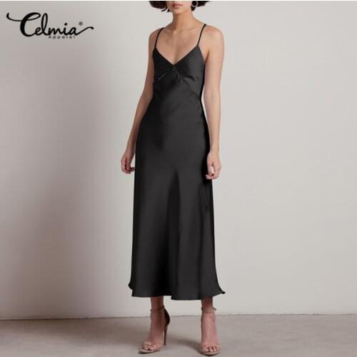 Celmia 2021 Summer Women Satin Maxi Dress Fashion Sexy Halter Backless V Neck Elegant Long Sundress Casual Party Robe