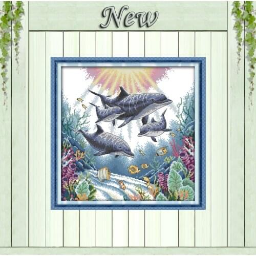 Dolphin sea fish animal home decor painting counted printed on fabric DMC 14CT 11CT Cross Stitch Needlework kits Embroidery Sets