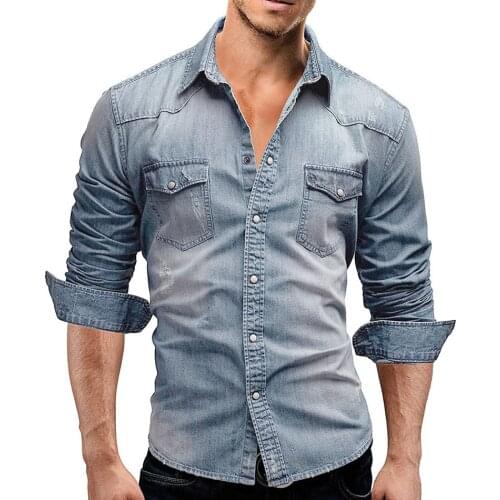 Denim Shirt Men Cotton Jeans Shirt Fashion Autumn Slim Long Sleeve Cowboy Shirt Stylish Wash Slim Fit Tops Asian Size 3XL