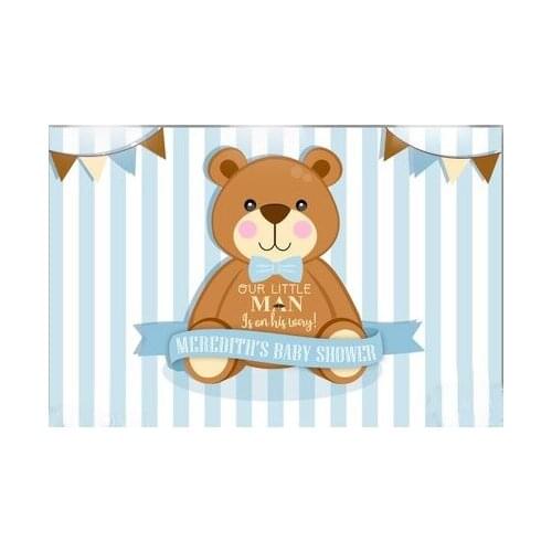 Custom Little Man Baby Shower Bear Flag Blue And White Striped backdrops Computer print birthday background