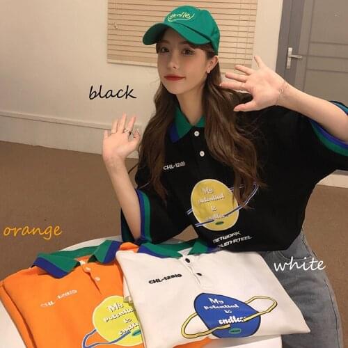 Cotton summer Harajuku style polo shirt lapel loose short-sleeved T-shirt female large size college style all-match