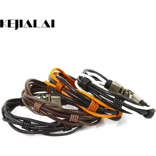 Kejialai Vintage Style Punk Jewelry Leather Wrap Bracelets Men Women Black White Brown Braided Rope Bracelet Charms Fashion Gift