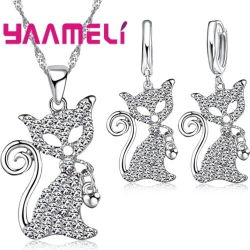 Cute Crystal Fox Pendant Necklace Earrings Chain Sets Shining 925 Sterling Silver Wedding Engagement Bridal Jewerly Set