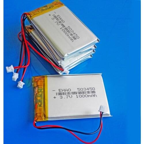 5 x JST 1.25mm 2pin 3.7V 1000mAh Polymer Lithium Rechargeable Lipo battery 503450 053450 for smart phone DVD mp3 Led Lamp camera