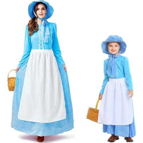 Mother Daughter Maid Cosplay Halloween Costume for Women Child Girl Parenting COS Fairy Tales Colonial Dress Blue