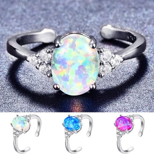 Cute Female Blue White Opal Ring Elegant Zircon Adjustable Wedding Rings For Women Trendy Bridal Silver Color Engagement Ring