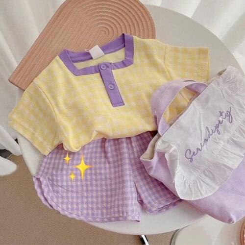 2021 Summer New Girls Clothes Sets Japanese Plaid Tops T-shirt Kids Girl Purple Shorts Pants 2Pcs Cute Children Clothing Outfits