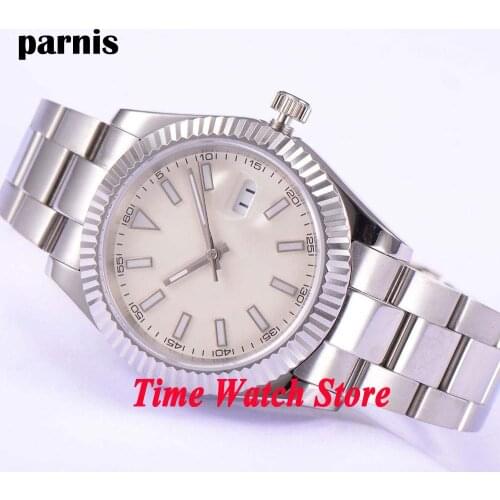 Parnis 40mm automatic mens watch sapphire glass Beige sterial dial luminous date magnifier polished bracelet waterprooof 445