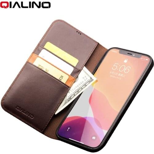 QIALINO Luxury Genuine Leather Holder Cover for Apple for iPhone 12 mini Card Slot Flip Fashion Case for iPhone 12 Pro Max