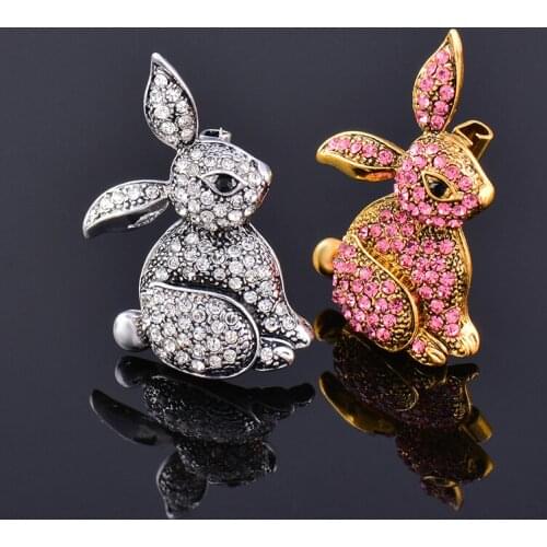 KIOOZOL Luxury Rhinestone Rabbit Shape Rose Gold Silver Color Brooch For Women Animal Style Jewelry Accessories 029 KO5