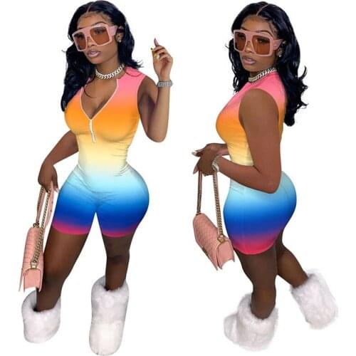 ZKYZWX Sexy Tie Dye Bodycon Rompers Womens Jumpsuit Summer Clothing Skinny Fitness Shorts Playsuit One Piece Clubwear Outfits