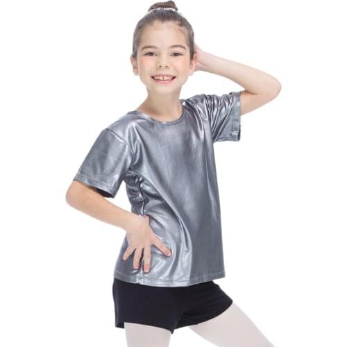 Retail Wholesale Metallic Foil Silver Gray Red Blue MultiColors Short Sleeve Dance Top for Girls and Boys