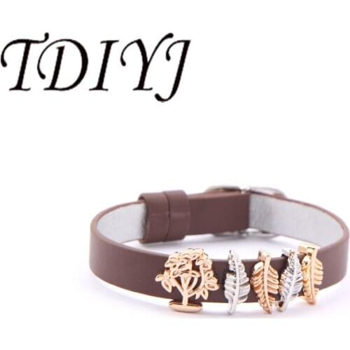 TDIYJ Faith Leaf Life Tree Dangle DIY Slide New Collection Charms Stainless Steel Mesh Brown Bracelet 1Set