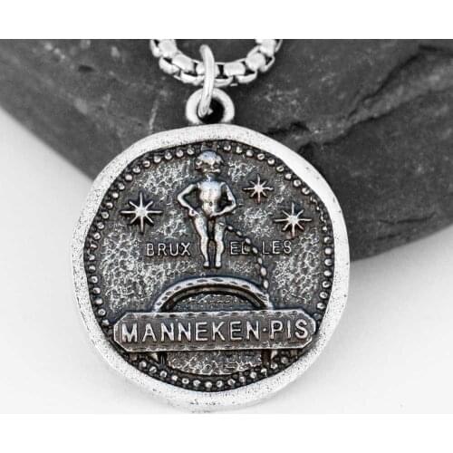 Vintage Brussels Necklace Manneken Pis Belgium Souvenir Coin Pendant 25*25mm Dropships