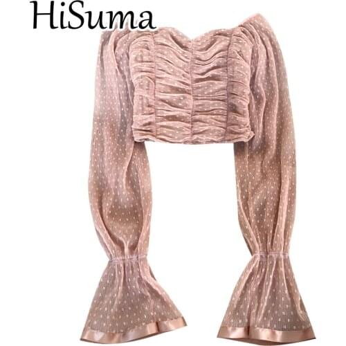 HISUMA Women Slash Neck Flare Sleeve Basic Ruffles Shirt Lady Short Elastic Slim Pullover Polka Dot Mesh Gauze Lace Blouse Tops