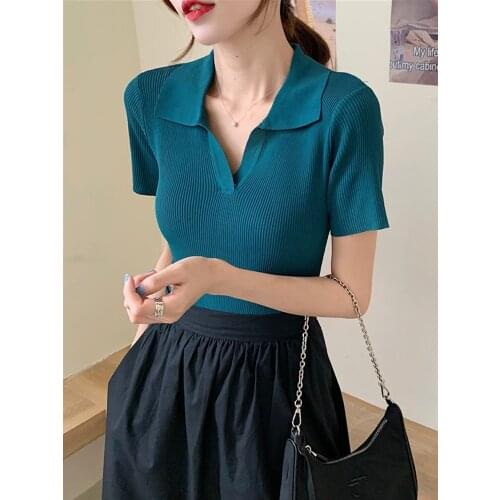 V-neck Polo Women Shirt Slim Slimming Knit Short-sleeved T-Shirt 2021 Summer New Female Clothes