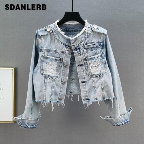 Ripped Denim Short Coat for Women 2021 Early Autumn New Burrs Slim Slim-Fit Single-Breasted Long Sleeve Light Blue Jean Jacket