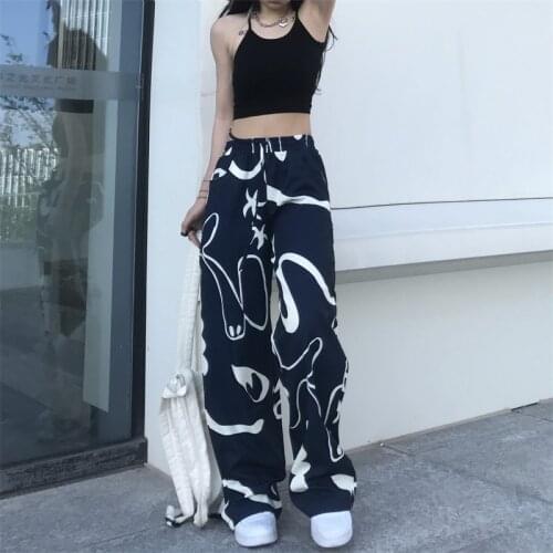 Retro WomenS Pocket Long Wide Leg Pants 2021 Graffiti Printed Long Jeans Plus Size Lazy Wide Leg Pants High Waist Jeans Women