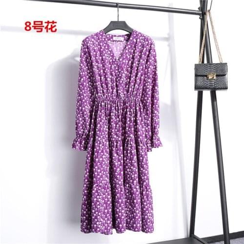 Korean Women Floral Print Dress Office Lady V Neck Spring Autumn Mid-calf Dress Boho Beach Long Sleeve Party Dresses Vestidos