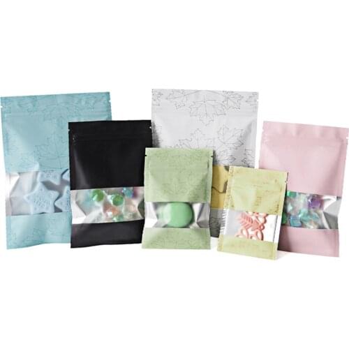 100Pcs/Lot Zip Lock Aluminum Mylar Foil Bag with Frosted Window Maple Leaf Printed Grip Seal Tear Notch Flat Pouches for Food