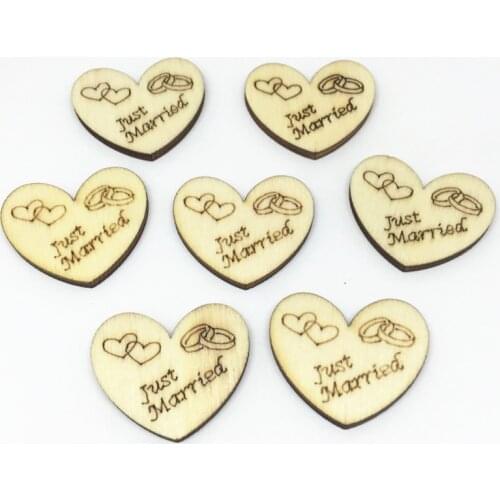 50pcs 25mm Wood Heart "Just Married"Confetti Crafts Chips Discs Wedding Table Scatters Decorations Scrapbooking