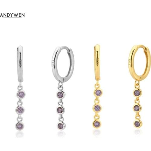 ANDYWEN 925 Sterling Silver Purple Charm Zircon Pendiente Drop Earring Rock Punk Jewelry 2020 Crystal Wedding Jewels Clips