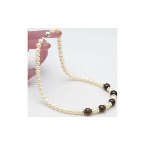 Free shipping 7-8mm natural freshwater cultured white round pearl necklace blacek agate 17"